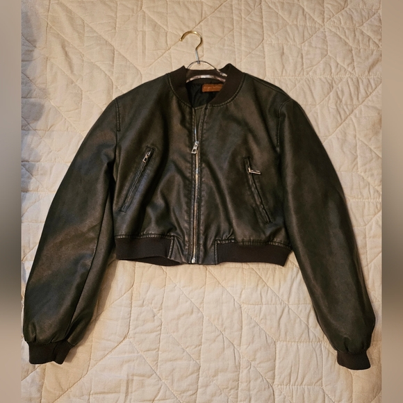 Beige Botany Jackets & Blazers - Beige Botany Faux Leather Cropped Bomber Jacket- Size S